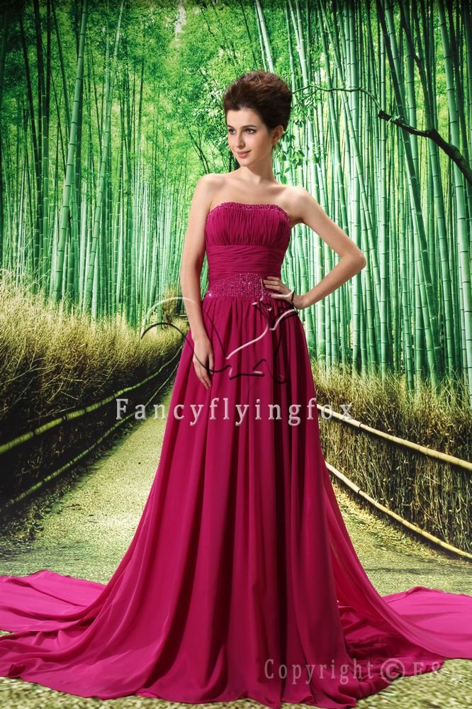 glamour fuchsia chiffon strapless a-line floor length prom dresses L-037
