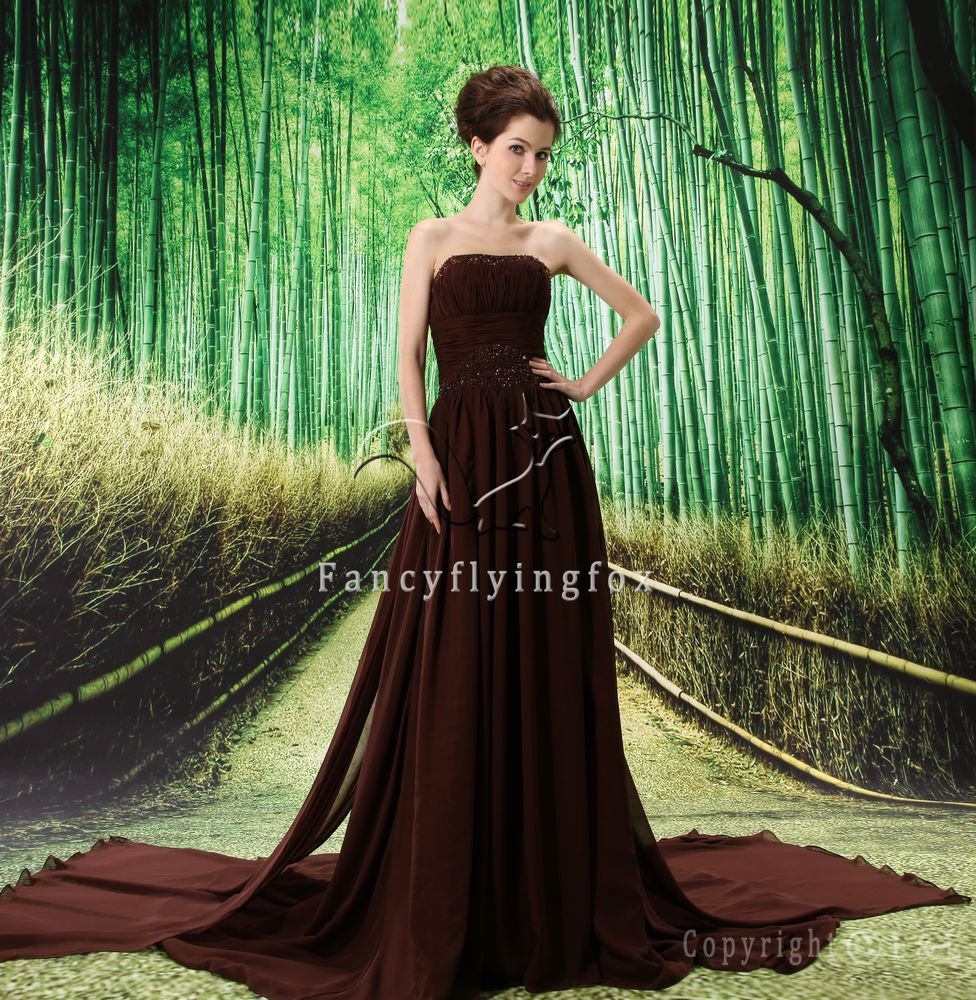 exclusive chocolate chiffon strapless a-line floor length evening dress L-037