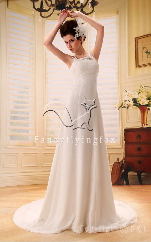 modern white chiffon straps a-line floor length wedding dress Y-001