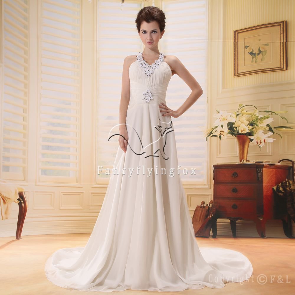 gorgeous halter neck a-line floor length chiffon wedding dress with chapel train Y-009