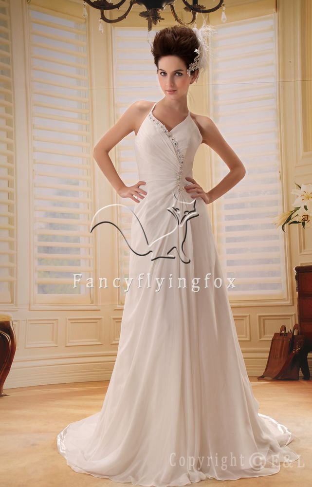 modern and elegant white chiffon halter a-line floor length destination wedding dress Y-010