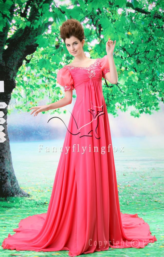 attractive hot pink bateau neck short sleeves floor length empire prom dress Y-071