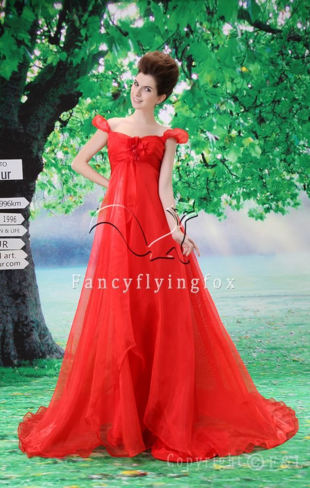 classic red organza off the shoulder empire prom dress with chapel train Y-078
