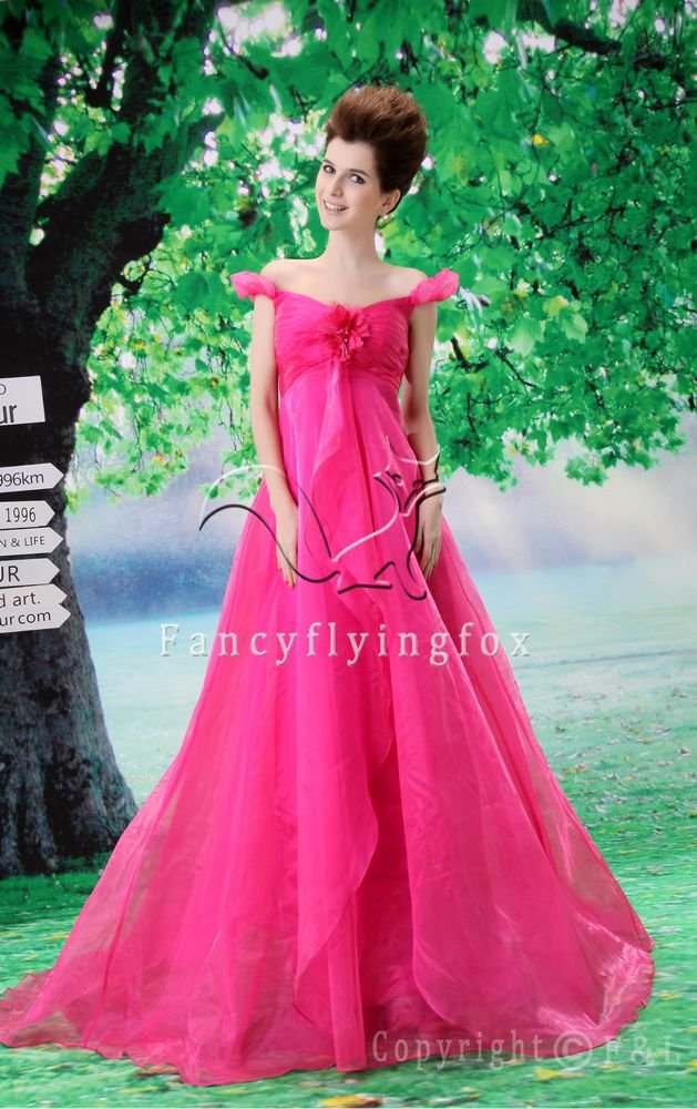 gorgeous fuchsia organza off the shoulder empire prom dress Y-078