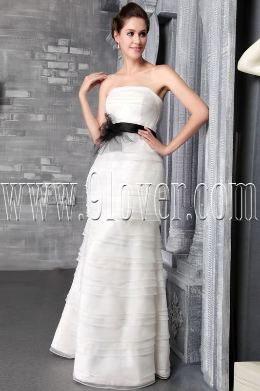 couture white tulle strapless a-line floor length wedding dress with black sash IMG-2509