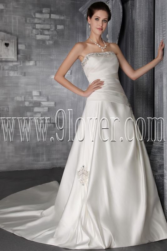 exclusive white satin strapless a-line floor length wedding dresses IMG-2864