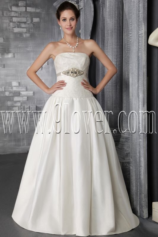 classic white satin a-line floor length wedding dress with chapel train IMG-2879