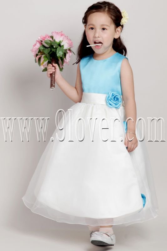 cute blue and white jewel neck a-line tea-length flower girl dress IMG-2074