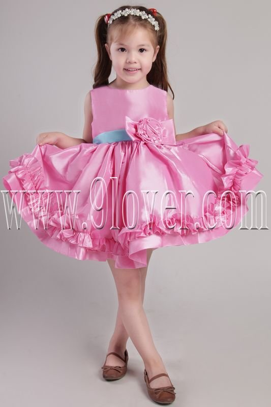 cute hot pink satin jewel neck a-line mini length flower girl dress with blue sash ING-2364