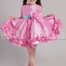 cute hot pink satin jewel neck a-line mini length flower girl dress with blue sash ING-2364