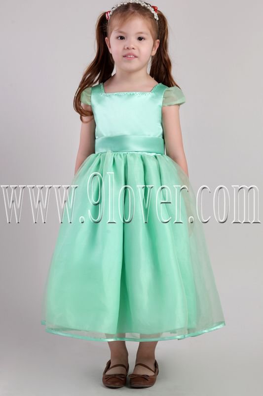 cute sage satin and tulle short sleeves tea-length flower girl dresses IMG-2386