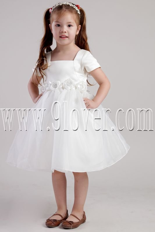 cute white tulle and satin square neck short sleeves knee length flower ...