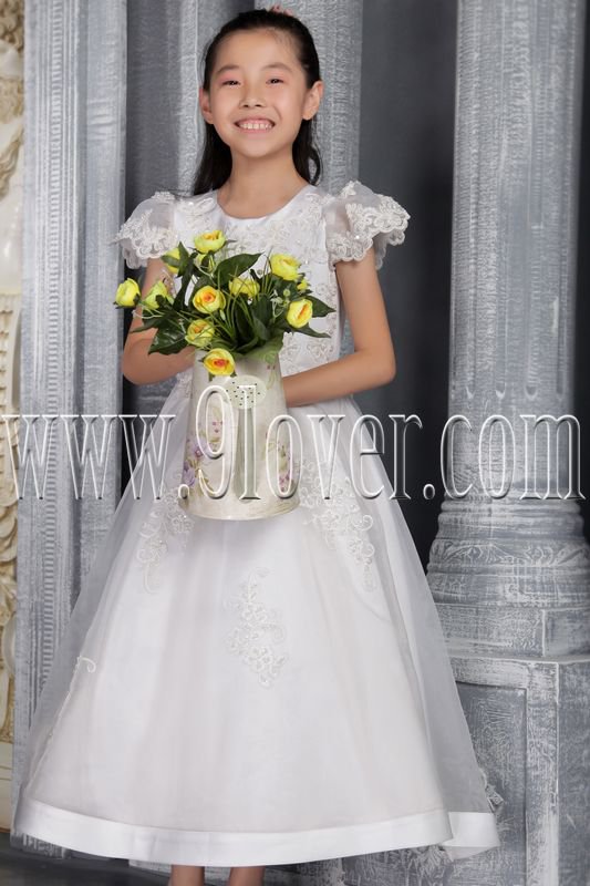 formal white tulle jewel neck a-line short sleeves junior bridesmaid dress IMG-2517