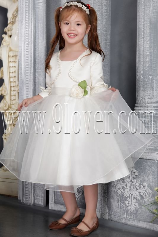 lovely satin and tulle a-line tea length white flower girl dresses with bolero IMG-2524
