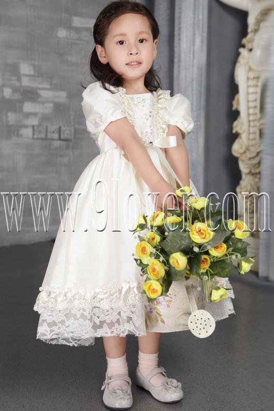 adorable jewel neck a-line tea length short sleeves baby flower girl dresses IMG-2540