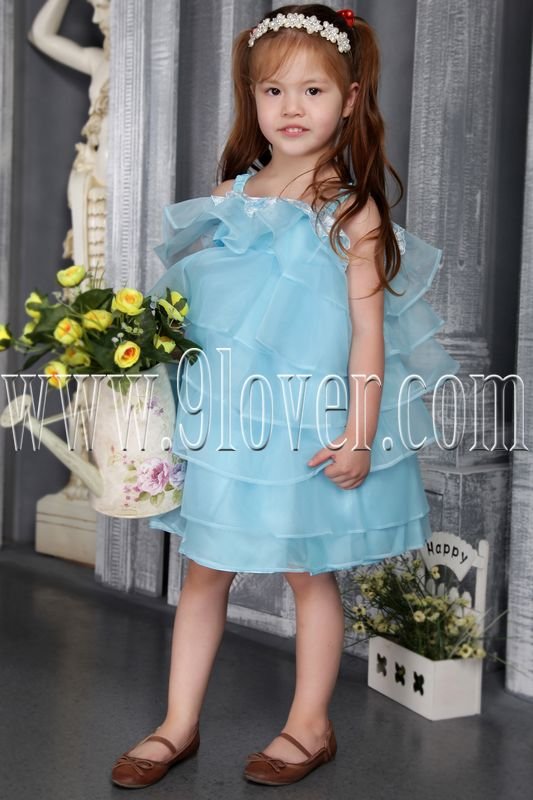 sky blue spaghetti straps organza ball gown mini length flower girls dresses IMG-2548