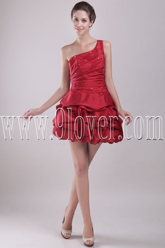 chic red satin one shoulder ball gown mini length cocktail dress IMG-2948