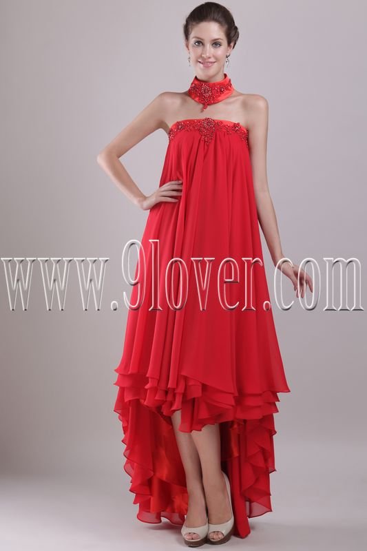 unique red chiffon strapless empire prom dress with high low hem IMG-2987