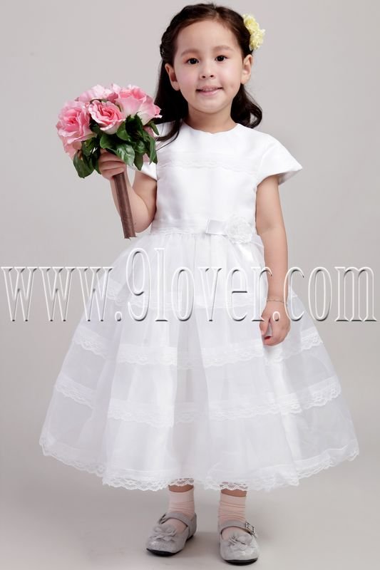 adorable jewel neck a-line tea-length short sleeves flower girl dress IMG-1991