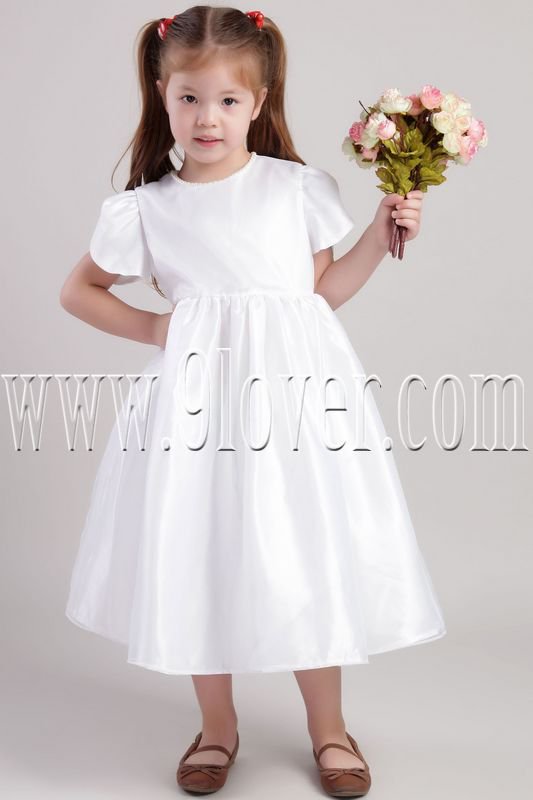 lovely white satin jewel neck a-line short sleeves tea length flower girl dresses IMG-2018