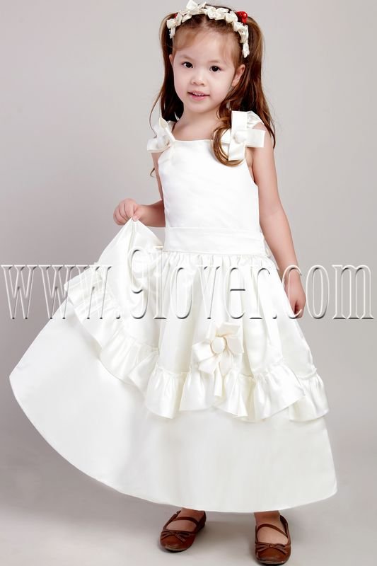 lovely white satin straps a-line tea-length flower girl dresses IMG-2098