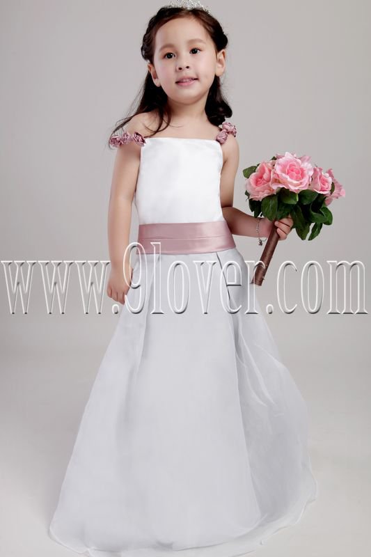 adorable spaghetti straps white satin a-line floor length junior bridesmaid dress IMG-2106