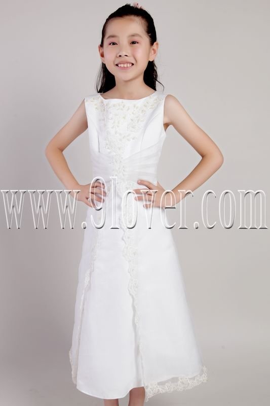 cute white stain and tulle straps a-line tea length flower girl dress IMG-2155