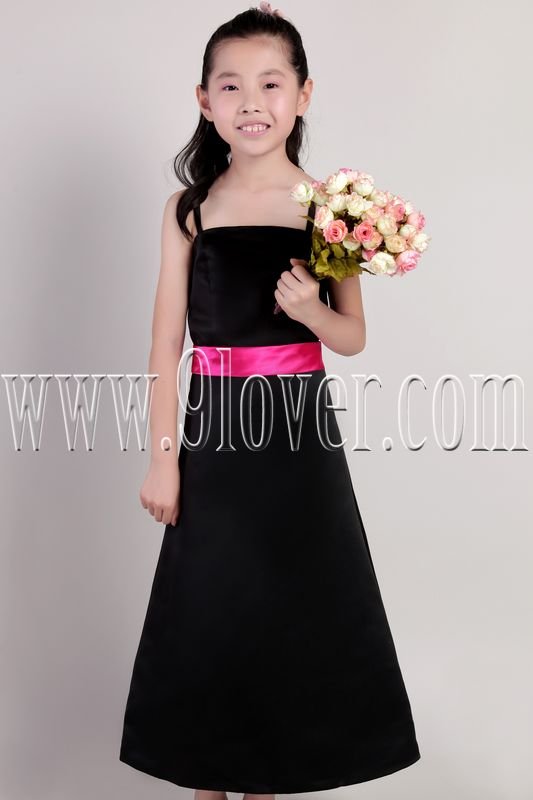 formal black satin spaghetti straps a-line floor length junior flower girl dresses IMG-2184