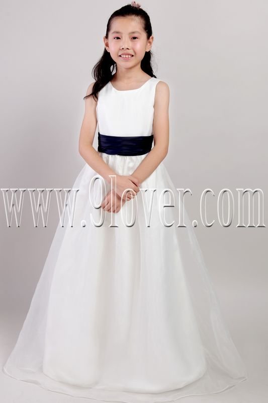 formal white satin and tulle straps a-line floor length flower girl dress IMG-2217
