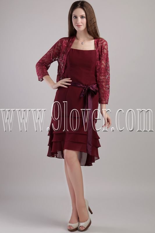 burgundy chiffon spaghetti straps a-line knee length homecoming dress with lace bolero IMG-2236