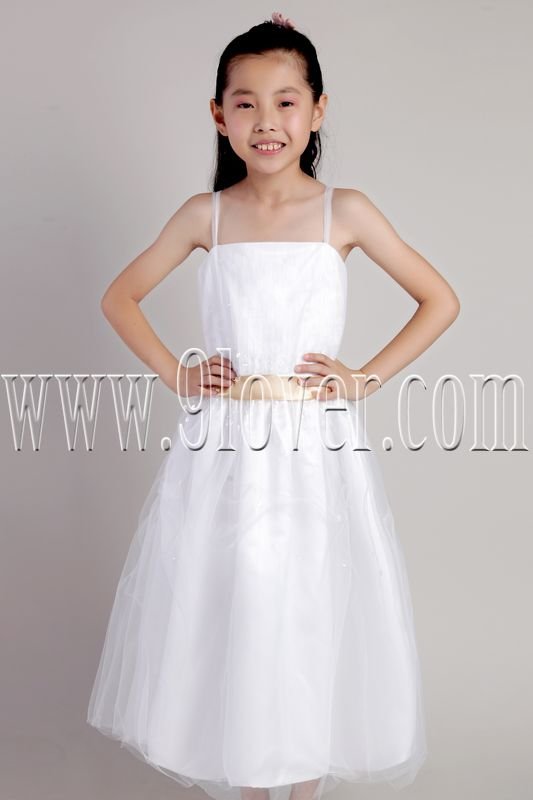 lovely white tulle spaghetti straps a-line tea length flower girl dress IMG-2317
