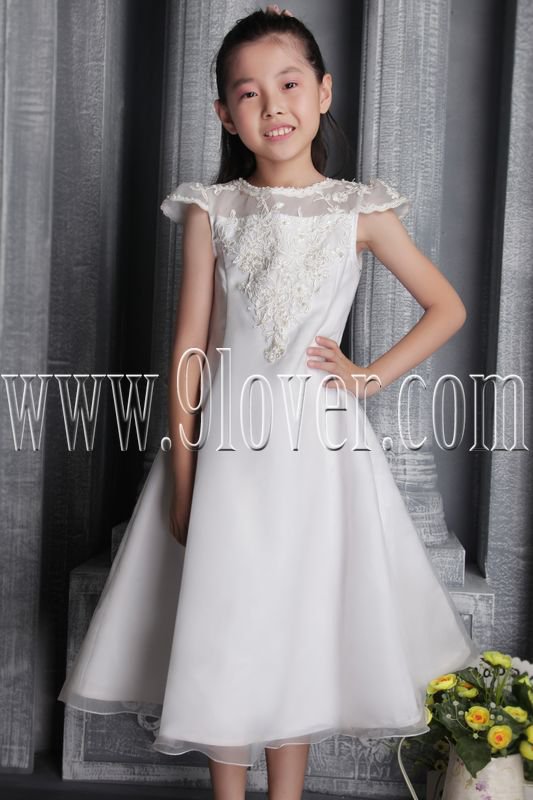 adorable tulle jewel neck a-line short sleeves tea length flower girl dress IMG-2591