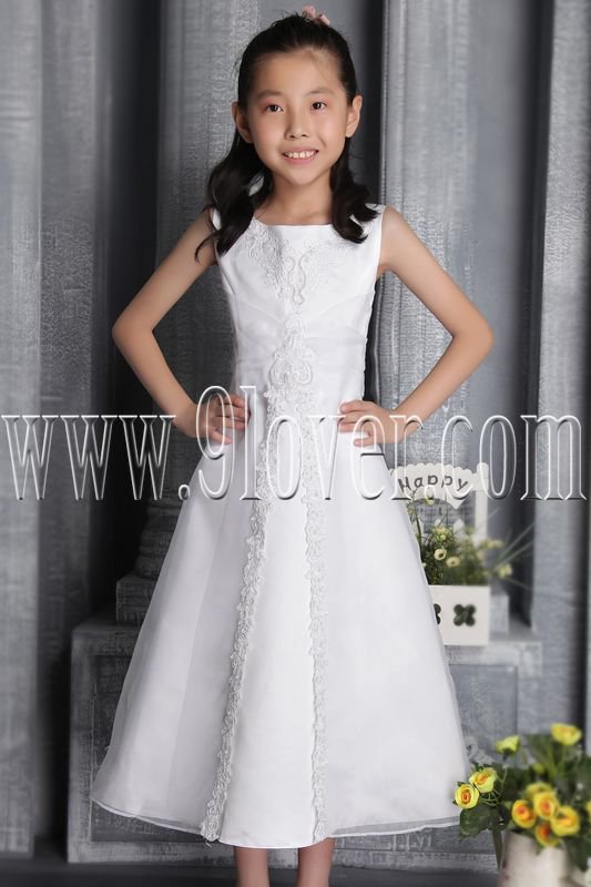 lovely white tulle scoop neck a-line tea length flower girl dress IMG-2614