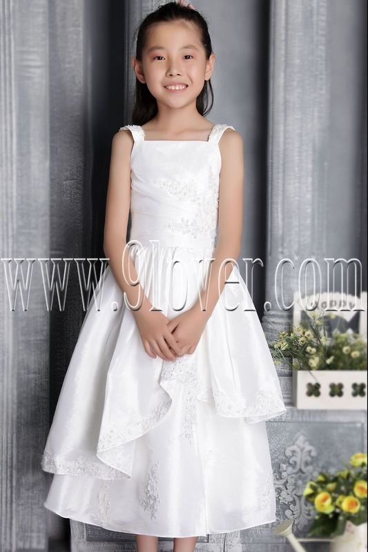 cute straps white satin a-line tea length flower girl dress IMG-2660