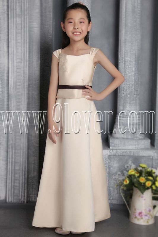 formal champagne satin straps a-line floor length junior bridesmaid dress IMG-2675