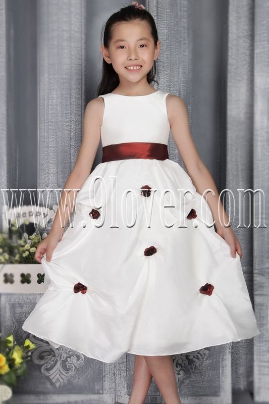 cute white taffeta jewel neck a-line tea-length flower girl dress IMG-2772