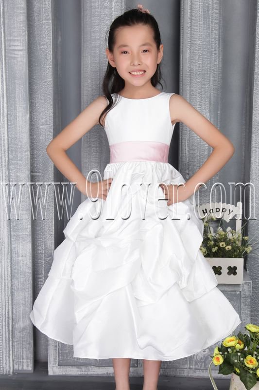 cute white taffeta scoop neck a-line tea length flower girl dress with pink sash IMG-2801