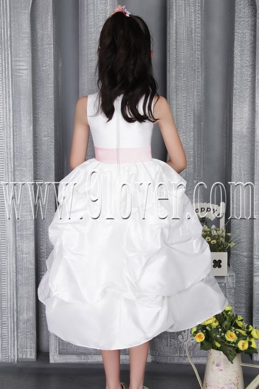 Cute White Taffeta Scoop Neck A-line Tea Length Flower Girl Dress With 