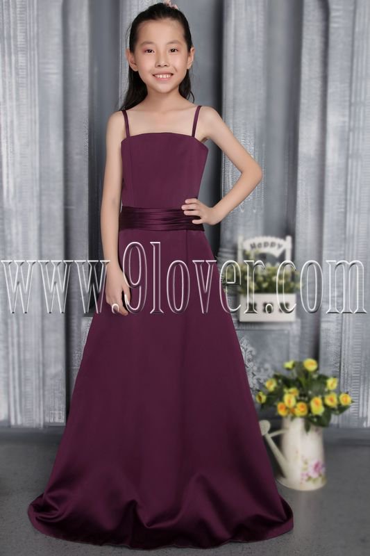 formal burgundy satin spaghetti straps a-line floor length junior bridesmaid dress IMG-2835