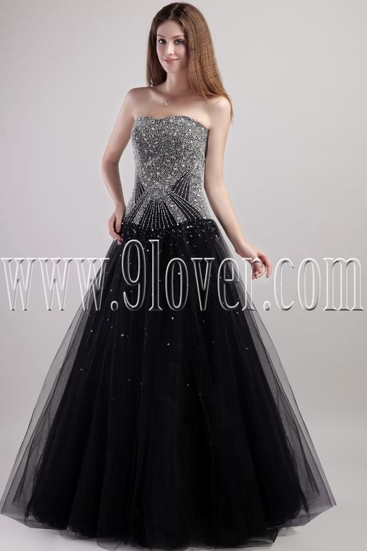 luxurious black tulle strapless a-line floor length prom dress IMG-1936