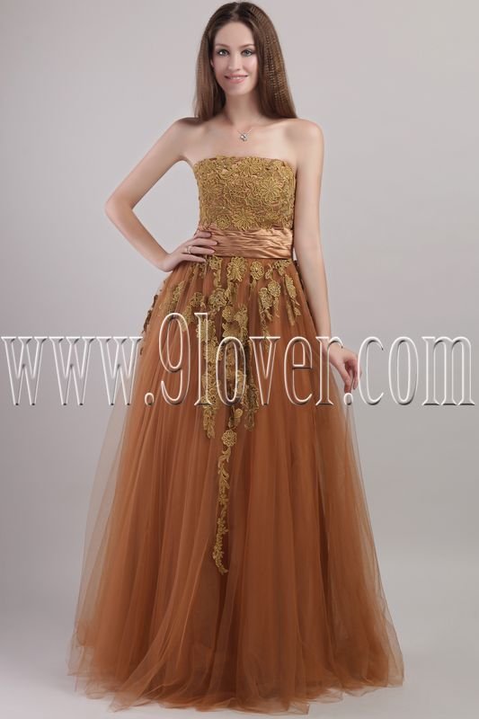 stunning brawn tulle strapless a-line floor length prom dress with appliques bodice IMG-2090