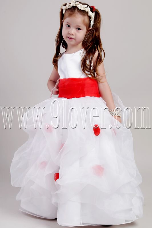 formal white tulle ball gown floor length flower girl dress with red sash IMG-2052
