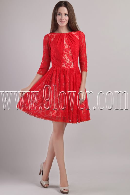 modern red lace bateau neck a-line long sleeves mini length homecoming dress IMG-2208