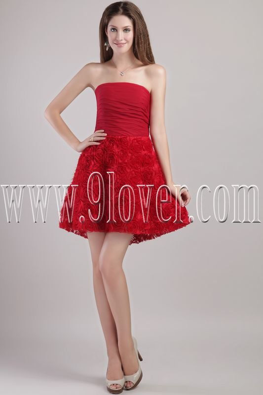 modern red floral strapless a-line mini length cocktail dress IMG-2228