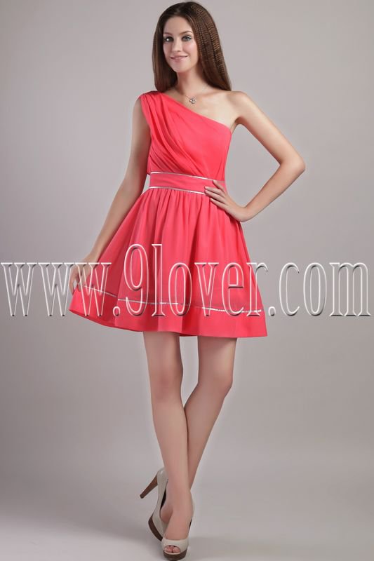 modern and chic water melon chiffon one shoulder a-line mini length cocktail dress IMG-2251