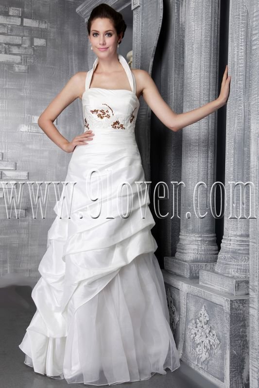modern and classic white taffeta halter a-line floor length wedding dress IMG-2469