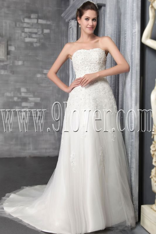 exclusive white tulle shallow sweetheart a-line floor length wedding dress with beaded bust IMG-2534