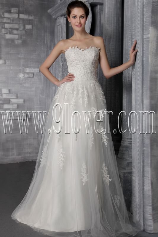 elegant and stunning white tulle strapless a-line floor length wedding dress with appliques IMG-2606