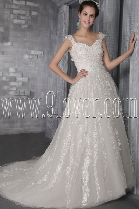 princess straps a-line floor length tulle wedding dress with appliques IMG-2682