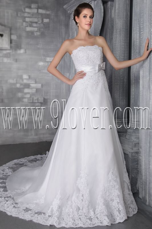 elegant white tulle strapless a-line floor length wedding dress with appliques IMG-2731
